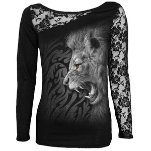TRIBAL LION - Lace One Shoulder Top Black