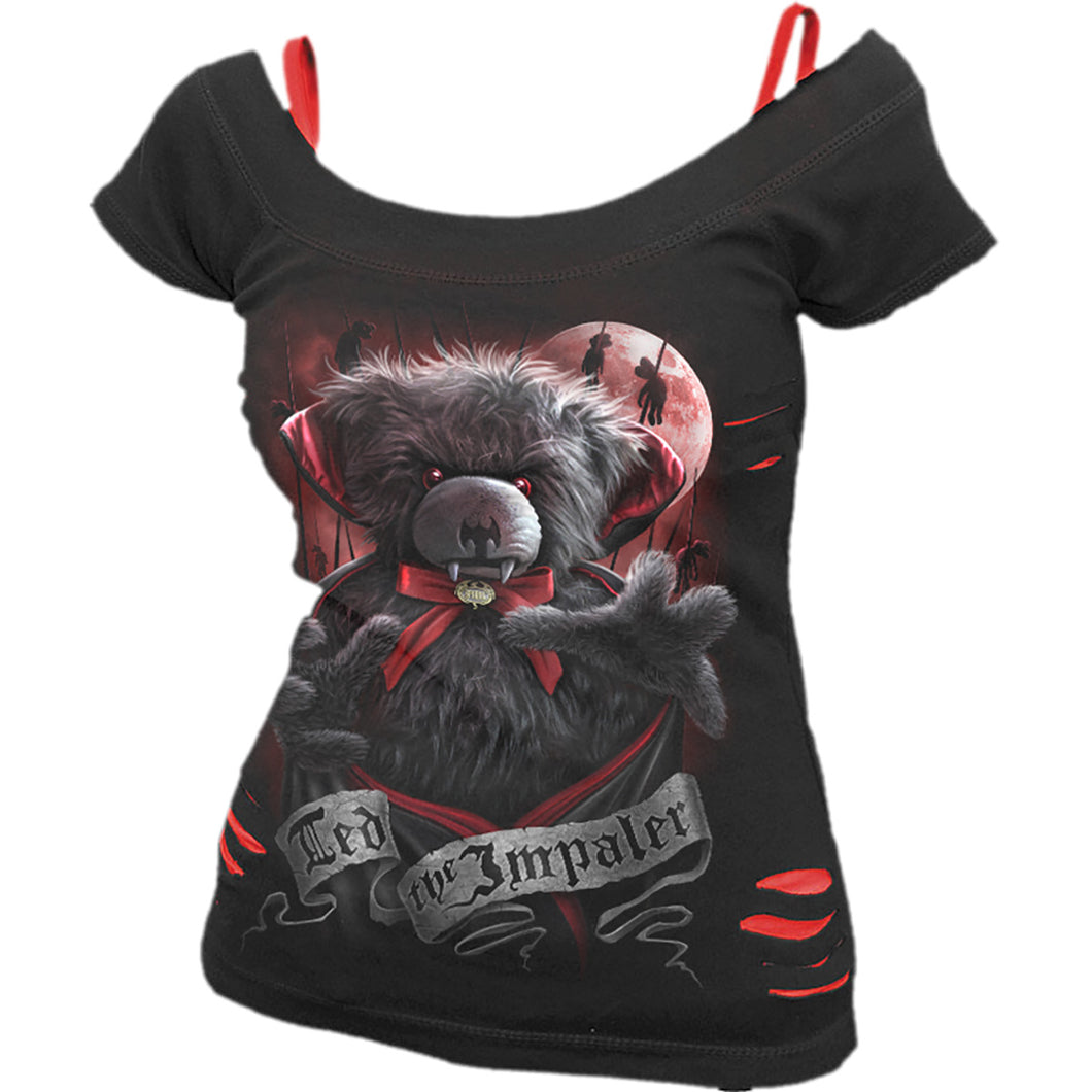 TED THE IMPALER - TEDDY BEAR - 2in1 Red Ripped Top Black