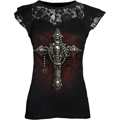 DEATH BONES - Lace Layered Cap Sleeve Top Black