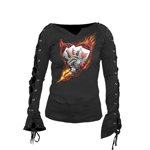QUEEN OF HEARTS  - Laceup Sleeve Top Black